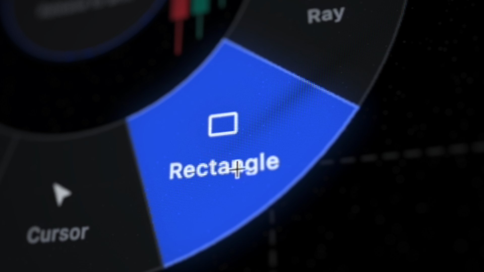Vela’s radial drawing menu up close: the Rectangle tool highlighted between Ray and Cursor over a live chart