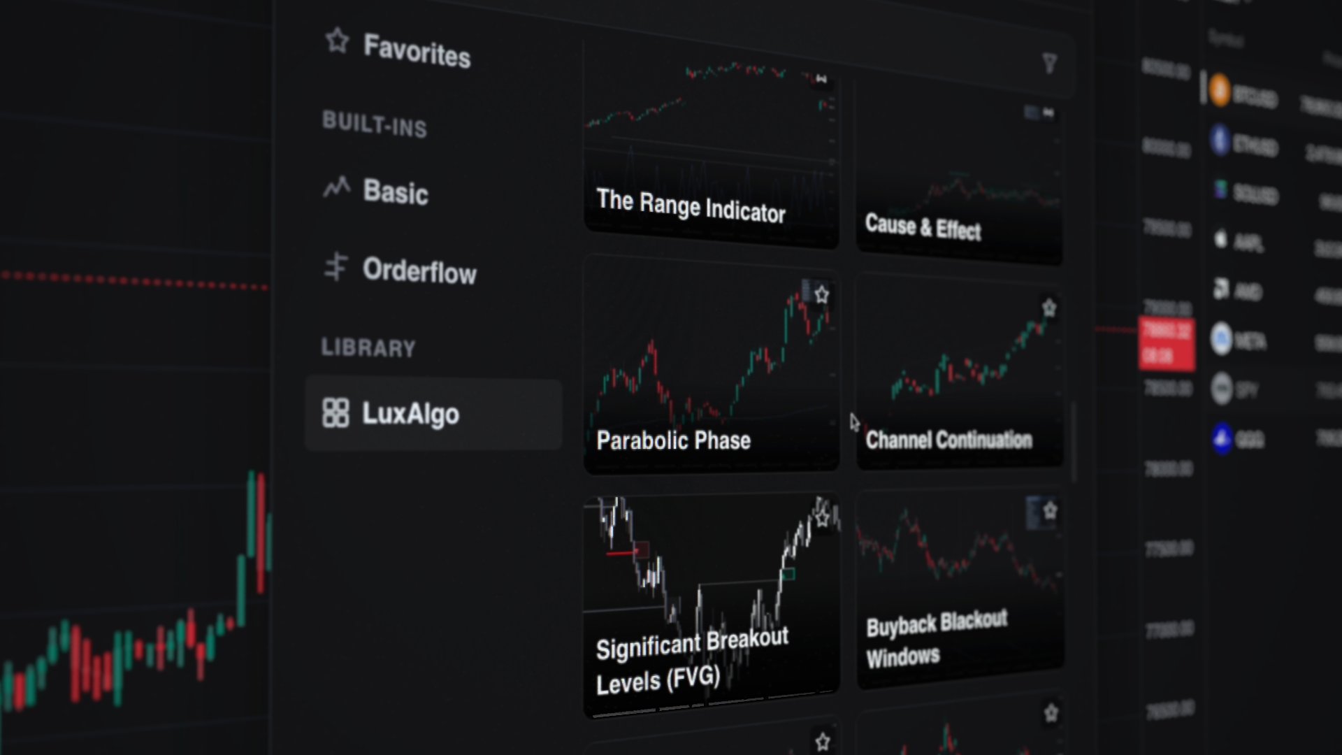Vela’s indicator menu: Favorites, Basic and Orderflow built-ins, and the LuxAlgo Library tab open on a grid of indicator previews