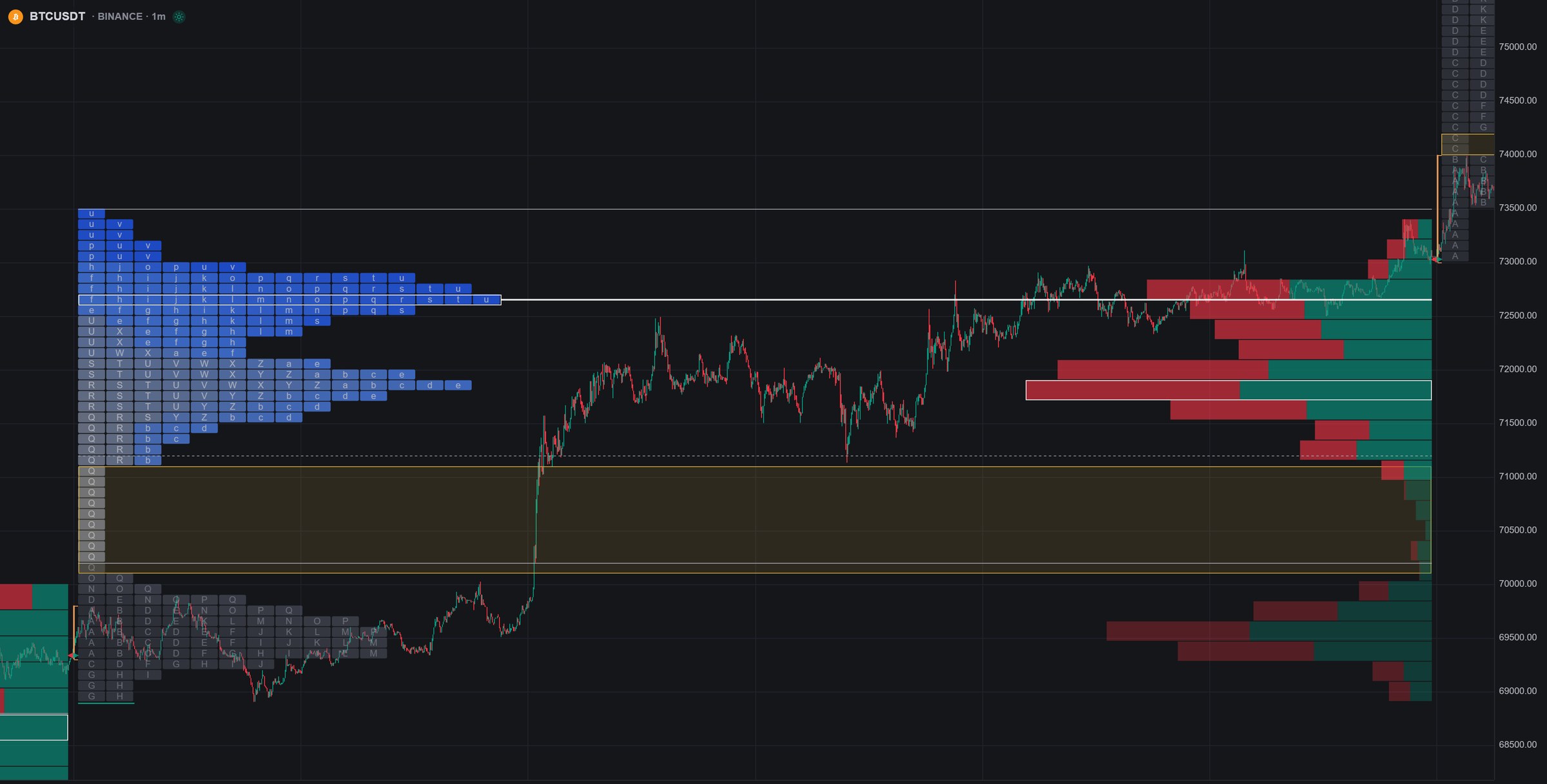 A real Quant Charts session: TPO profile letters stacked beside the candles, value area and point of control marked